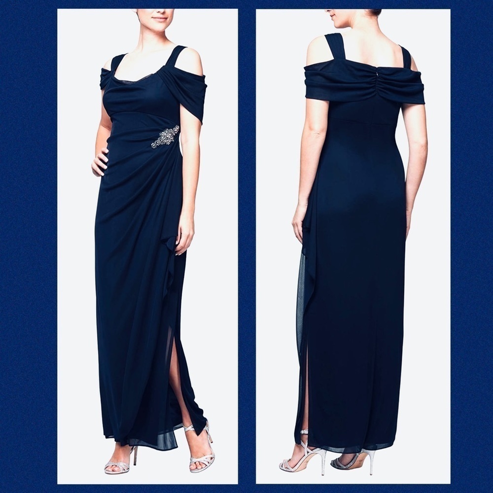 Alex Evenings NWT Blue Long Cold Should Cowl Neckline Formal Dress 16P New